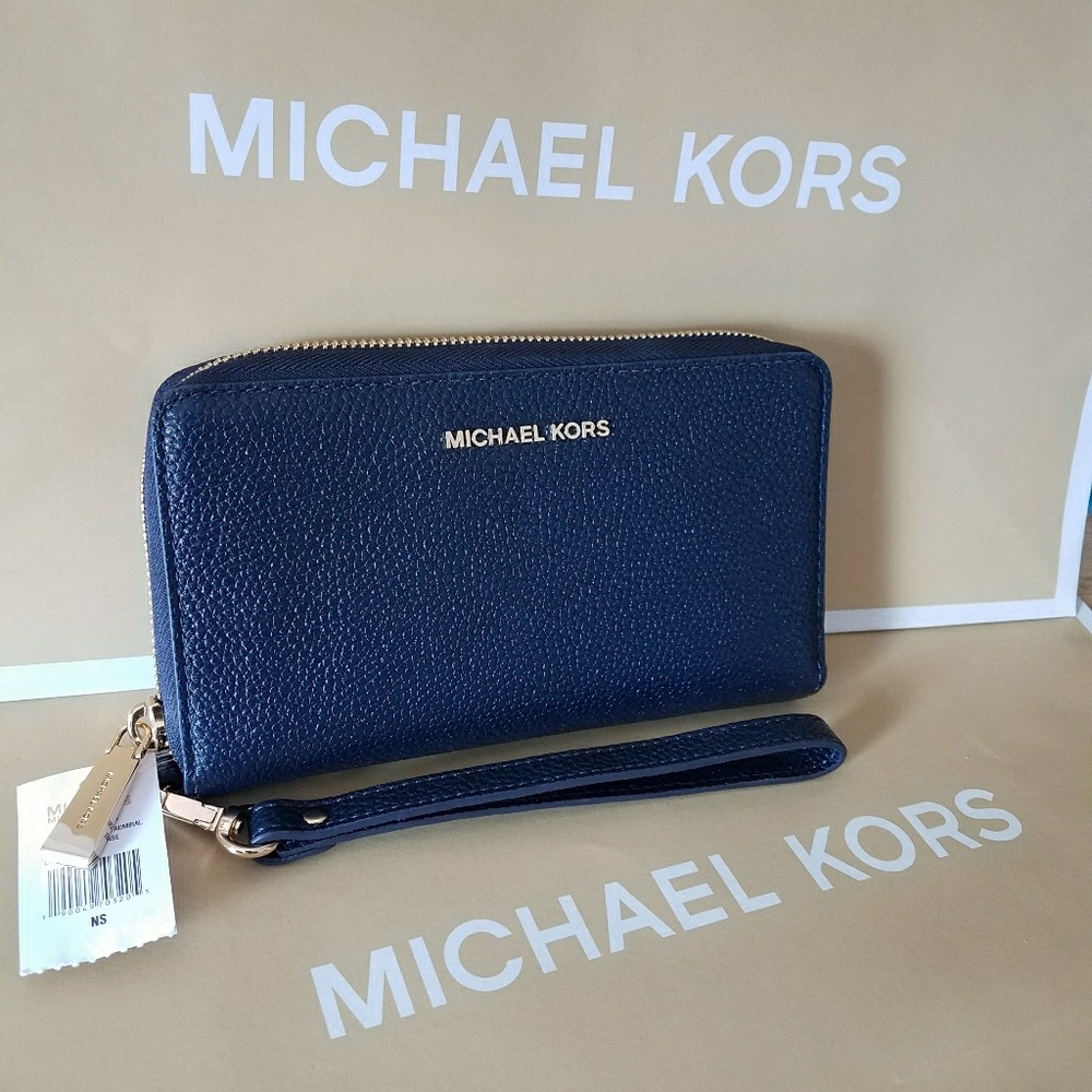 NWT Michael Kors Jet Set Large Phone Wristlet Wallet Navy Leather Gold